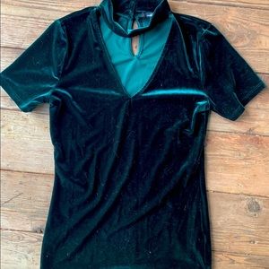 Emerald green velvet button collar top